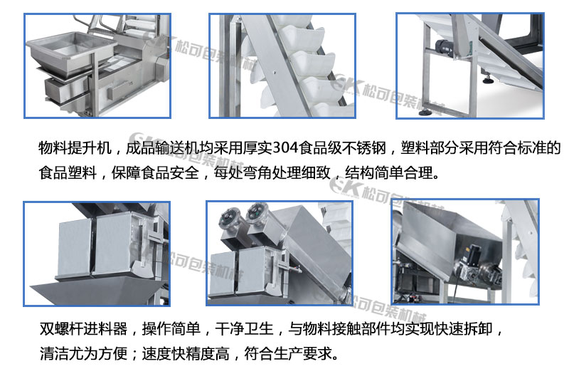 上料機(jī)，成品輸送機(jī)，兩頭螺桿秤細(xì)節(jié)描述圖